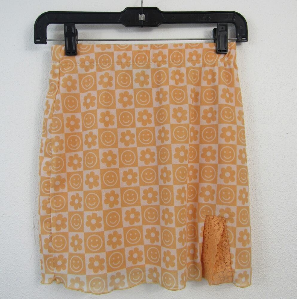 Forever 21 Small Orange Cream Checkered Mini Skirt Flowers Smiley Faces